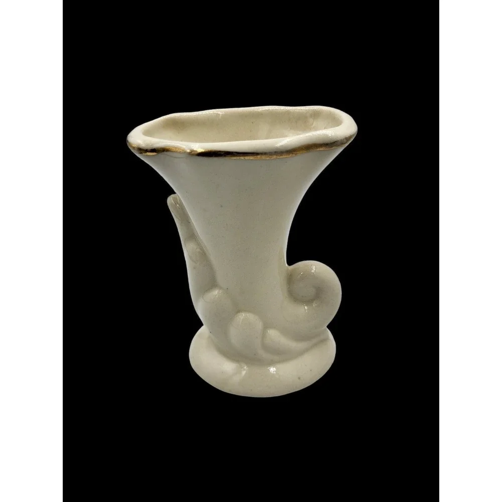 Vintage MCM Ceramic Pottery Cornucopia Vase White w/ Gold Leaf Rose Accents‎